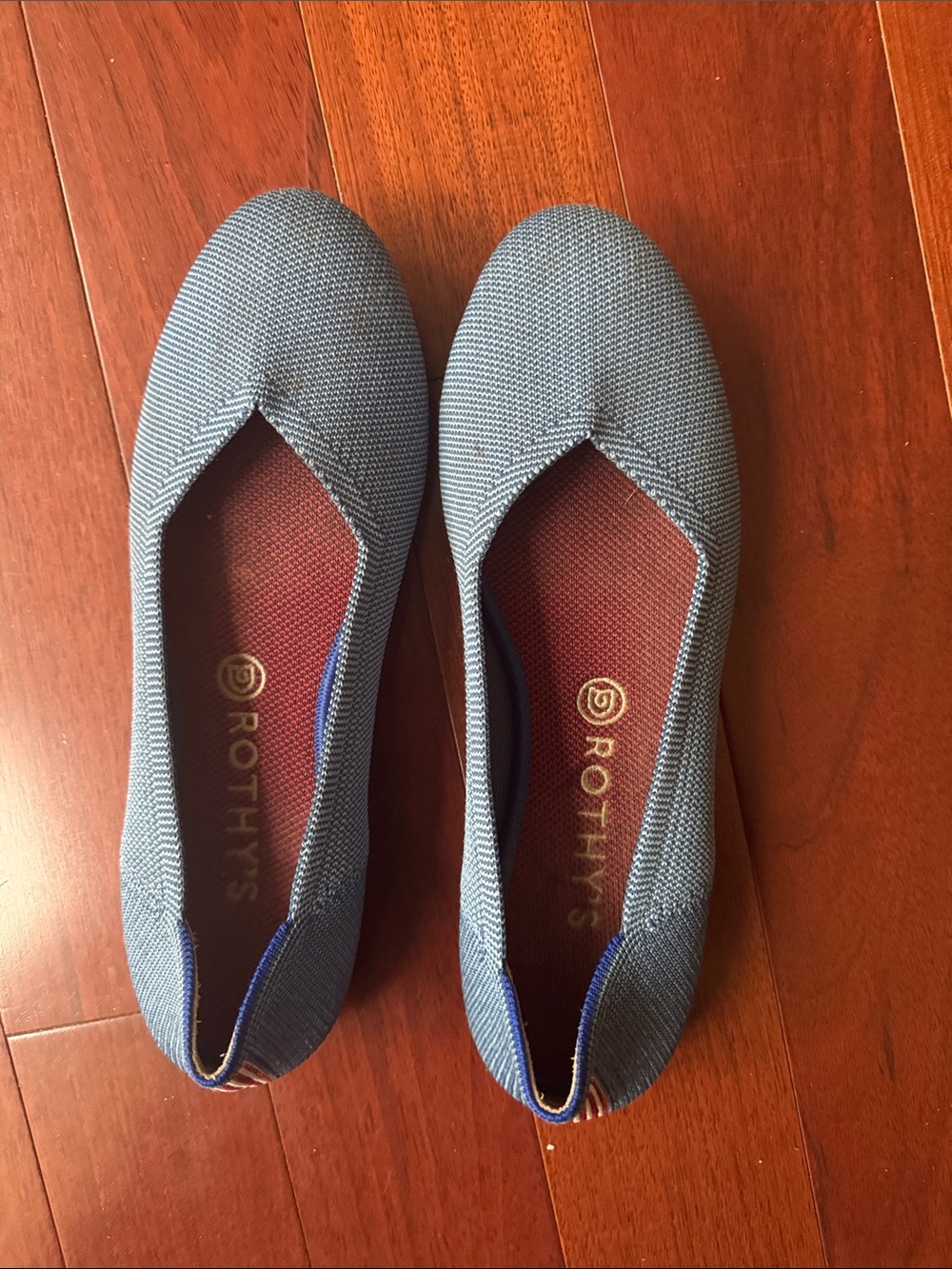 Rothy's Blue Knit Slip-On Flats with Striped Heel Tab